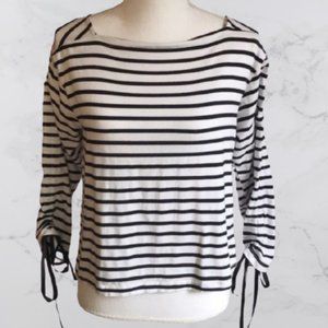 Madisonne striped boat neck top with tie sleeve, M